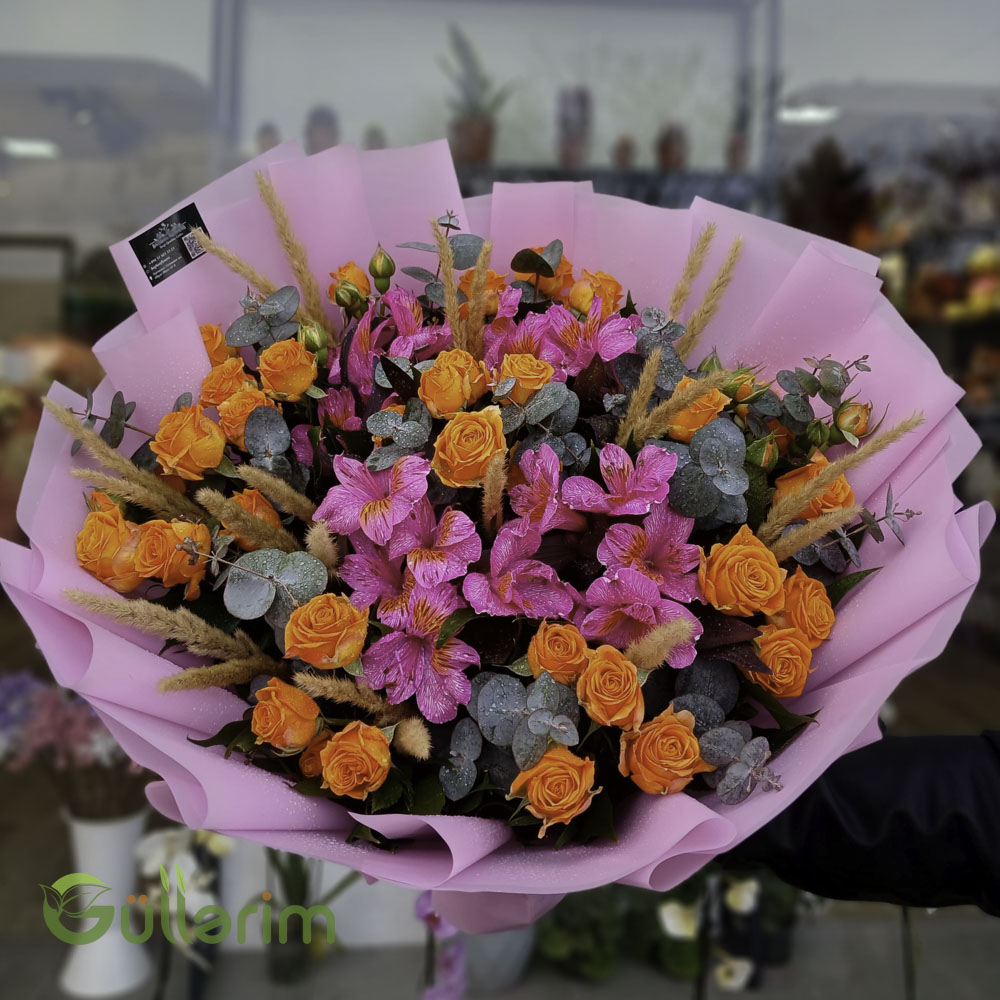 Narıncı Mini Qızılgül və Alstroemeria ilə Rəngarəng Buket