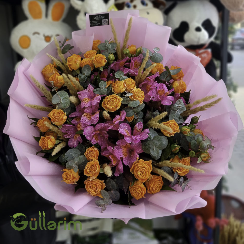 Narıncı Mini Qızılgül və Alstroemeria ilə Rəngarəng Buket