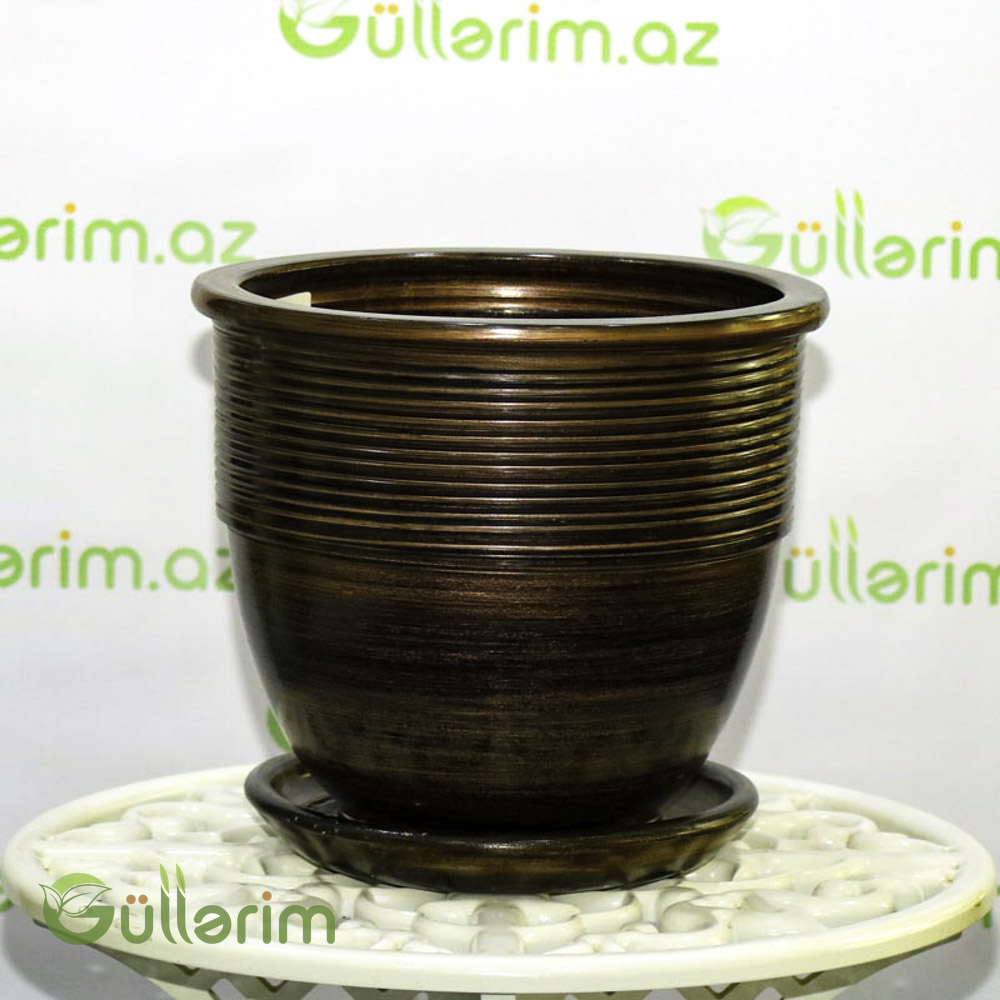 Tünd bronz rəngli zolaqlı keramika dibçək (altlıqlı)